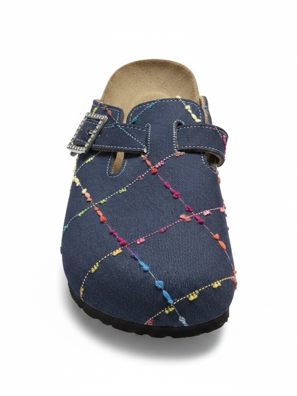 Papillio Birkenstock Denim Rhinestone Rainbow Stitch Slip On Clogs Size 36 L5